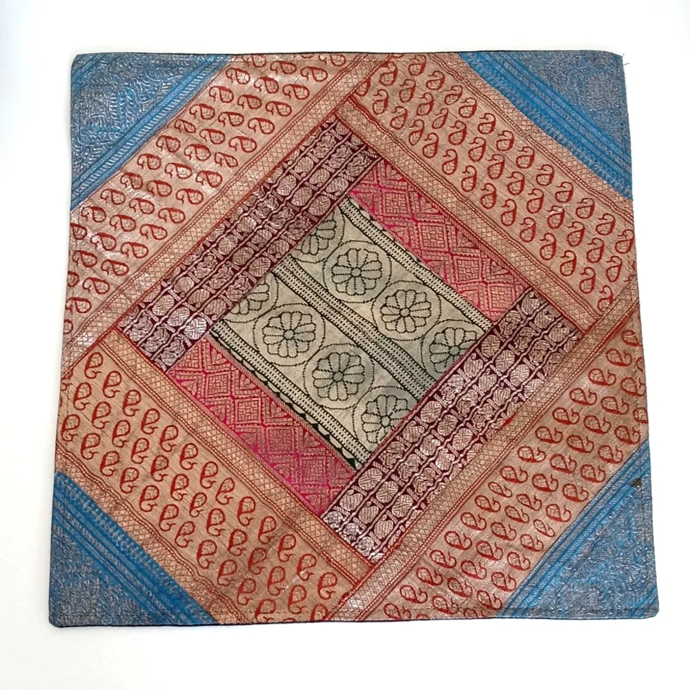 Gorgeous Vintage Silk Batik Patchwork Pillow Sham Iridescent Blue Orange Greens